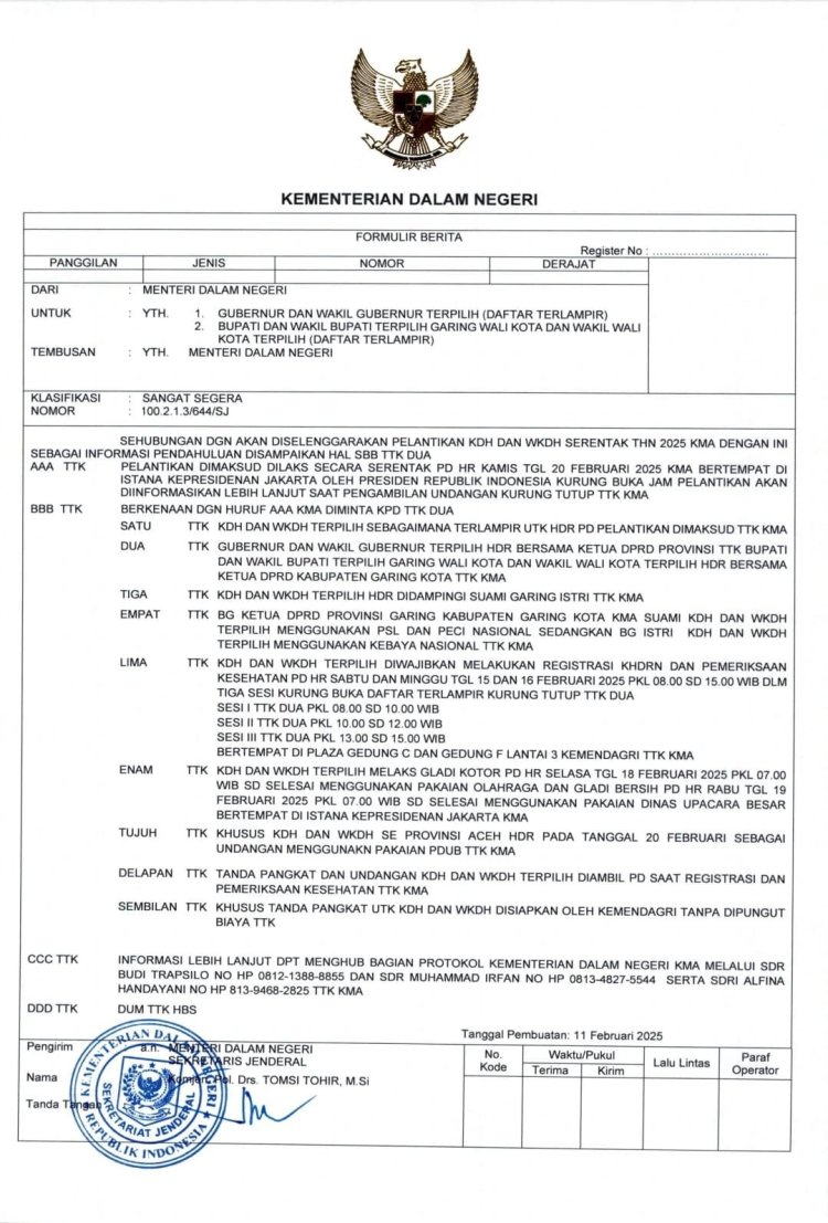 Dibagi Dalam 3 Sesi, Kemendagri Resmi Keluarkan Jadwal Pelantikan 505 Kepala Daerah Pada Tanggal 20 Februari