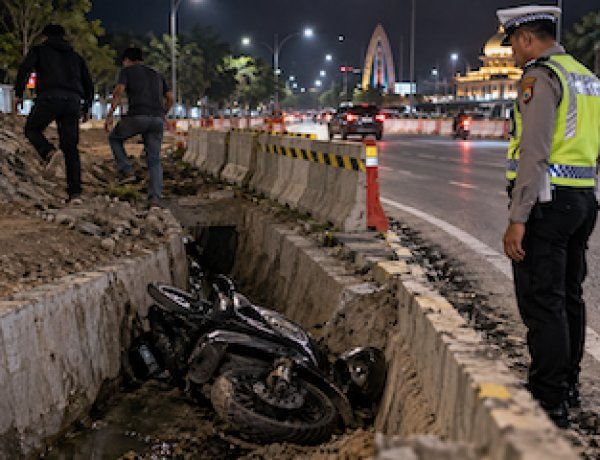 Kawasan Proyek Minim Penerangan, Sepeda Motor Terperosok Ke Parit Jalan Arifin Ahmad Pekanbaru
