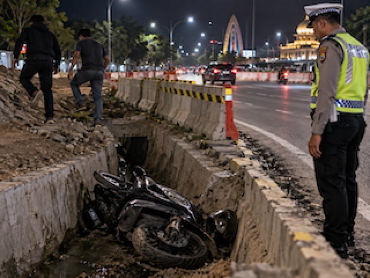 Kawasan Proyek Minim Penerangan, Sepeda Motor Terperosok Ke Parit Jalan Arifin Ahmad Pekanbaru
